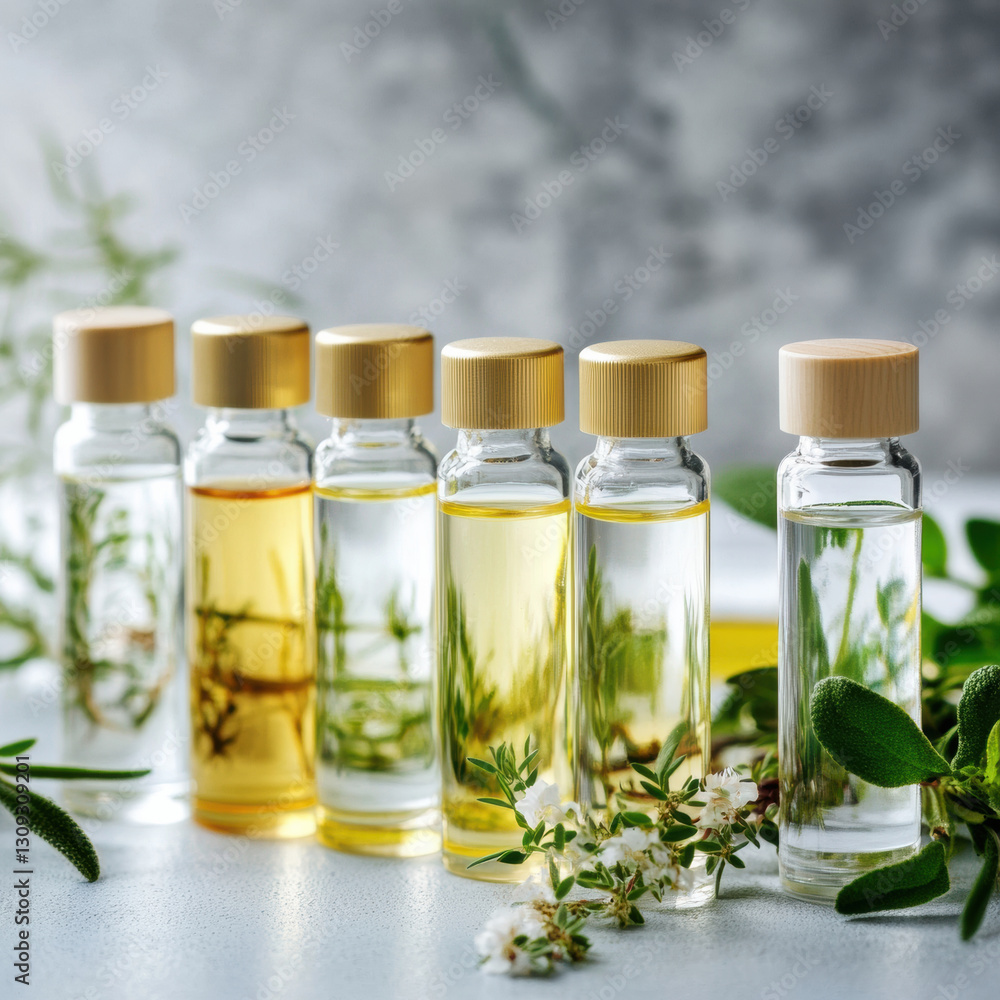 Glass vials with concentrated herbal extracts are neatly arranged, showcasing variety of natural oils. vials are capped with golden lids, and fresh herbs are scattered around, enhancing organic Glass vials with concentrated herbal extracts are neatly arranged, showcasing variety of natural oils. vials are capped with golden lids, and fresh herbs are scattered around, enhancing organic