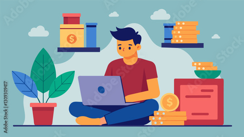 An illustration of a student sitting in a fancy coffee shop with their laptop while a stack of loan bills sits beside them highlighting the temptation. Vector illustration