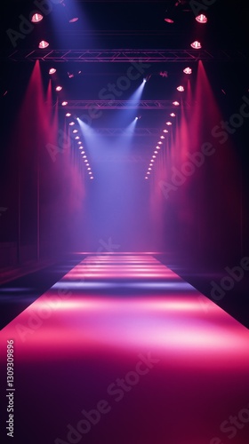 Empty fashion show runway featuring a burgundy backdrop, illuminated by vibrant lights in preparation for an upcoming event showcasing creative designs and styles
