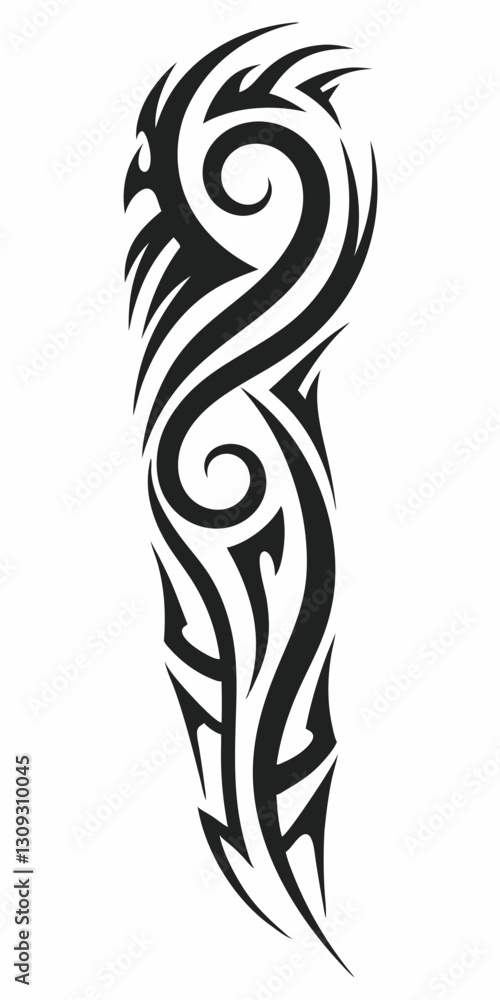Fototapeta premium Intricate Tribal Tattoo Design with Flowing Swirls and Sharp Edges in Black Ink Style.