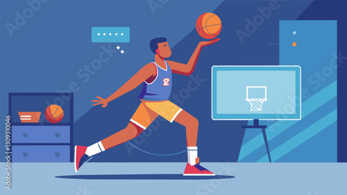 With intense focus a player takes a jump shot in a digital training simulation trying to perfect their shooting form.. Vector illustration