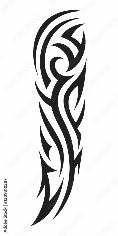 Naklejka premium Intricate Tribal Tattoo Design with Flowing Swirls and Sharp Edges in Black Ink Style.