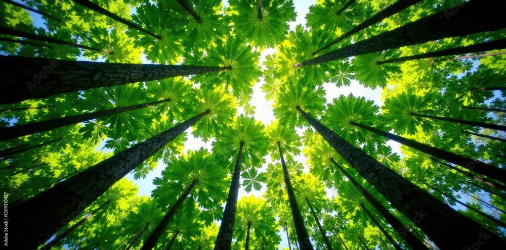 Forest canopy with leaves and branches stretching above, woods, nature, landscape Forest canopy with leaves and branches stretching above, woods, nature, landscape