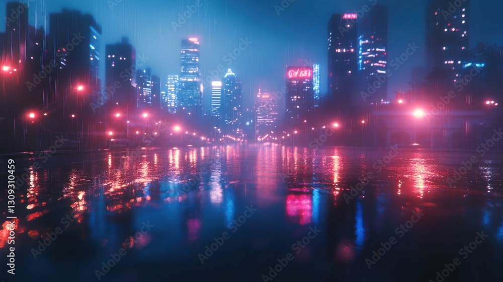 Fototapeta premium Urban Nightscape with Neon Lights and Rain-Soaked Streets