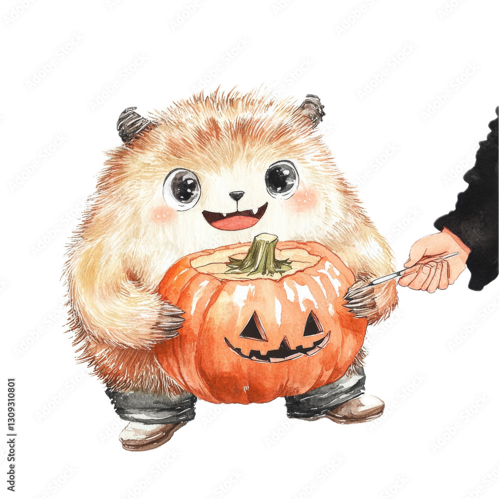 Fototapeta premium Cute Animal Holding Pumpkin in Autumn Scene