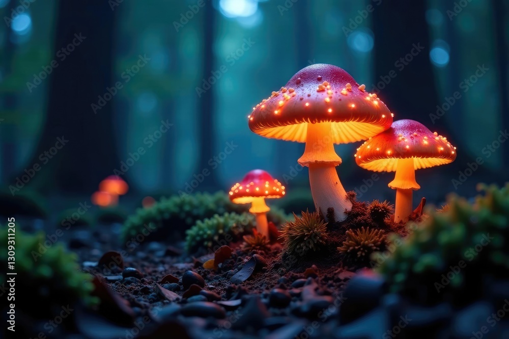Fototapeta premium Forest floor comes alive with glowing mushrooms, eerie, bioluminescence