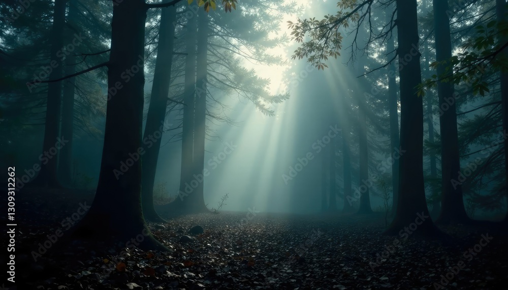 Forest floor obscured by dense impenetrable fog, forest, floor covered, nature Forest floor obscured by dense impenetrable fog, forest, floor covered, nature
