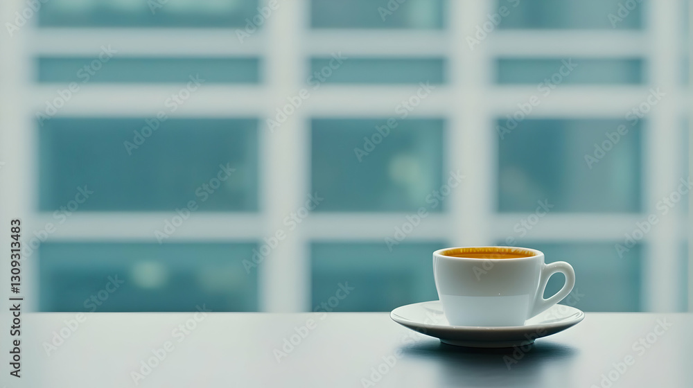 White Coffee Cup And Saucer On A Table With Blurred City View In Daylight White Coffee Cup And Saucer On A Table With Blurred City View In Daylight