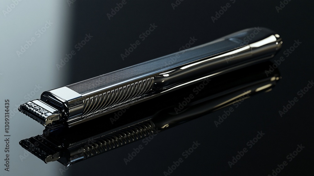 Sleek retractable utility knife on dark reflective surface Sleek retractable utility knife on dark reflective surface