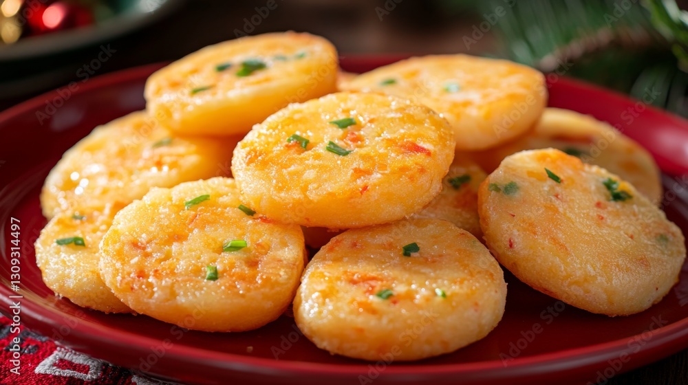 Crispy Golden Potato Rounds with Herbs on Red Plate Crispy Golden Potato Rounds with Herbs on Red Plate