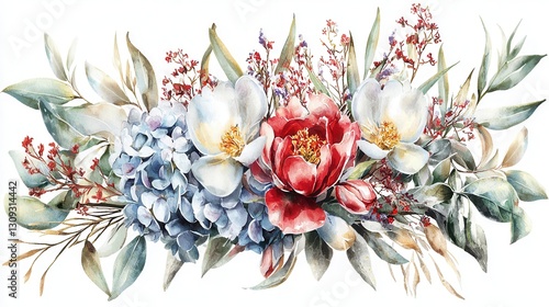 Exquisite botanical watercolor showcasing a lush vibrant floral bouquet composed of stunning peonies roses and lush foliage against a soft pastel hued background  This elegant