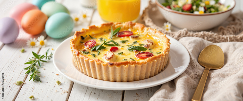Delicious quiche served at festive Easter brunch, warm ambiance Delicious quiche served at festive Easter brunch, warm ambiance