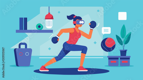Trying out a variety of VR exercises from boxing to yoga at a virtual fitness expo that puts traditional workout routines to shame.. Vector illustration
