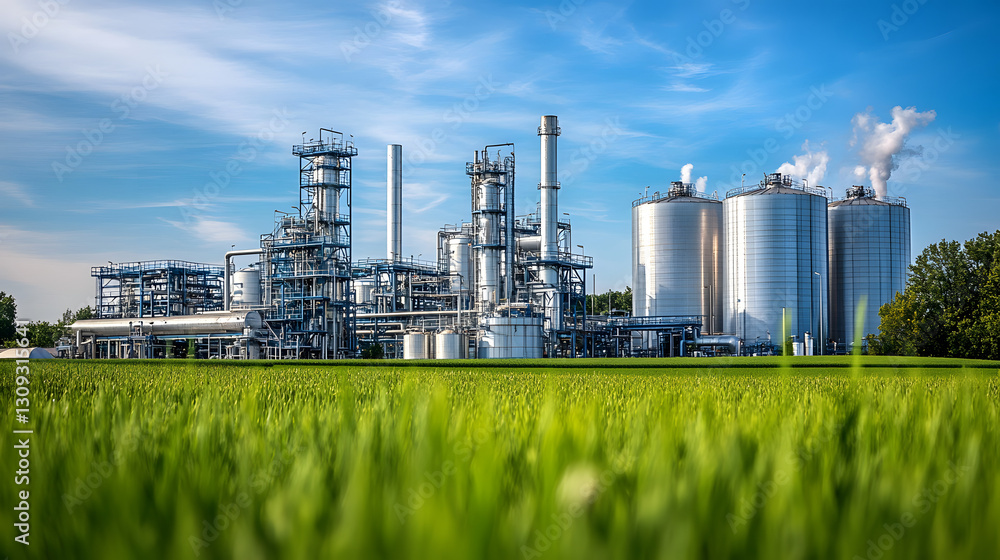 Fototapeta premium A photograph of an industrial plant with silver tanks surrounded by green fields 
