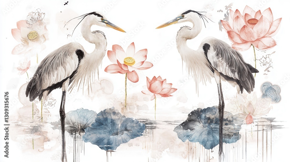 Fototapeta premium Tranquil and Detailed Artwork Depicting Elegant Herons and Cranes Surrounded by Blooming Lotus Flowers in a Serene Pond Landscape with Reflections