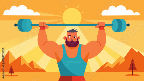 A fearless contender lifts a massive steel bar above his head the sweltering summer heat only adding to the challenge of the Summer Strongman. Vector illustration