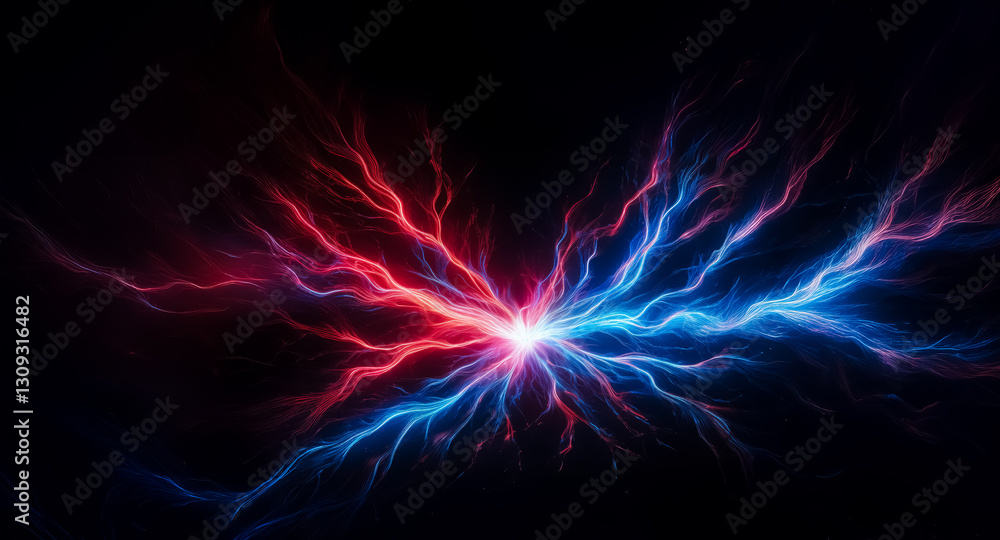 Obraz premium Red and blue electric energy streaks collide in the darkness, creating a vibrant, powerful clash of light and color. Bolts radiate from a central point.