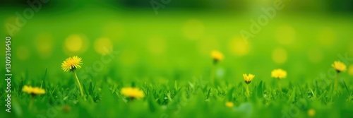 Green grass with a few small yellow dandelions on it, yellow, field