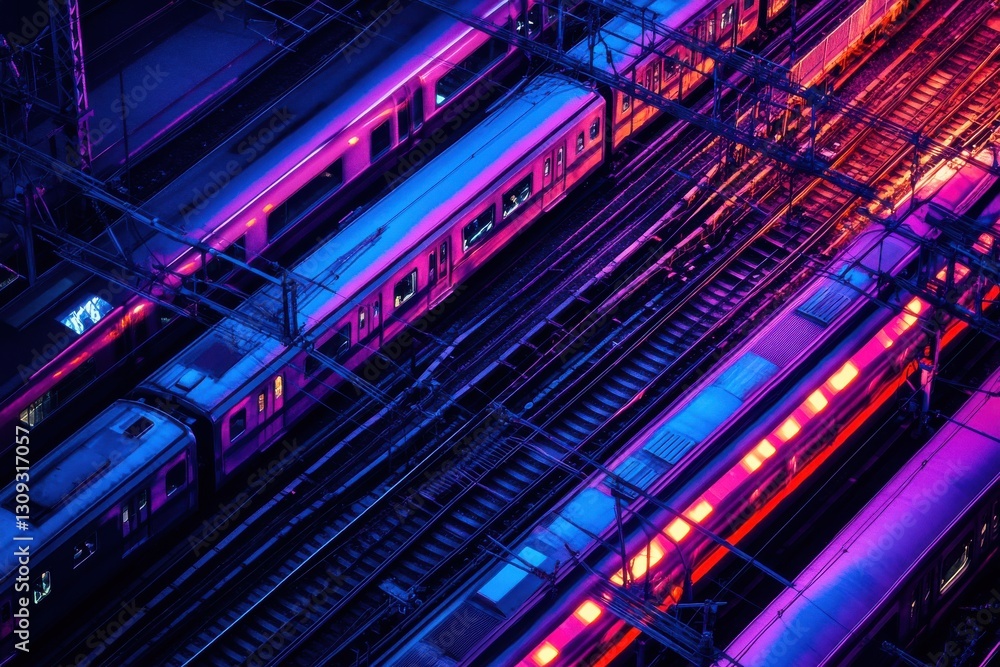 Obraz premium Aerial View of Vibrant Train Station with Colorful Illuminations