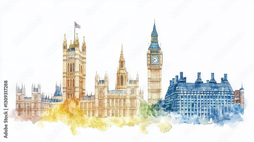 Obraz premium Vibrant Watercolor Skyline of Iconic London Landmarks Featuring Big Ben Parliament Tower Bridge and River Thames