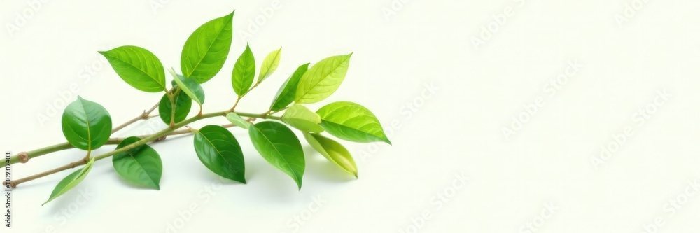 Green leafy branch isolated on white background, with a few delicate petals, single bloom, green Green leafy branch isolated on white background, with a few delicate petals, single bloom, green