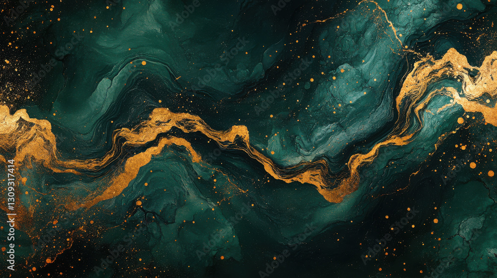 Abstract gold streaks on dark green marble texture with artistic swirls and splashes