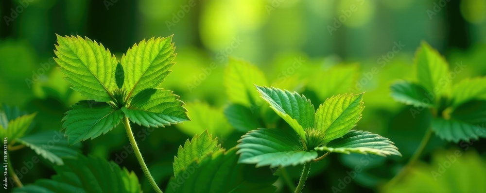 Green leafy canopy above wild strawberry plant, strawberry, foliage Green leafy canopy above wild strawberry plant, strawberry, foliage