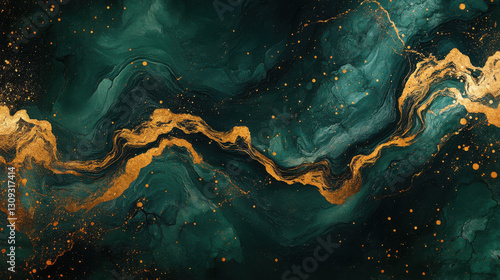 Abstract gold streaks on dark green marble texture with artistic swirls and splashes