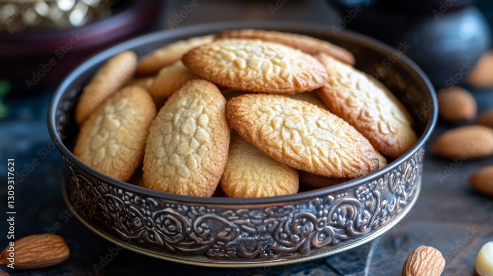 Almond Cookies in Ornate Bowl Almond Cookies in Ornate Bowl
