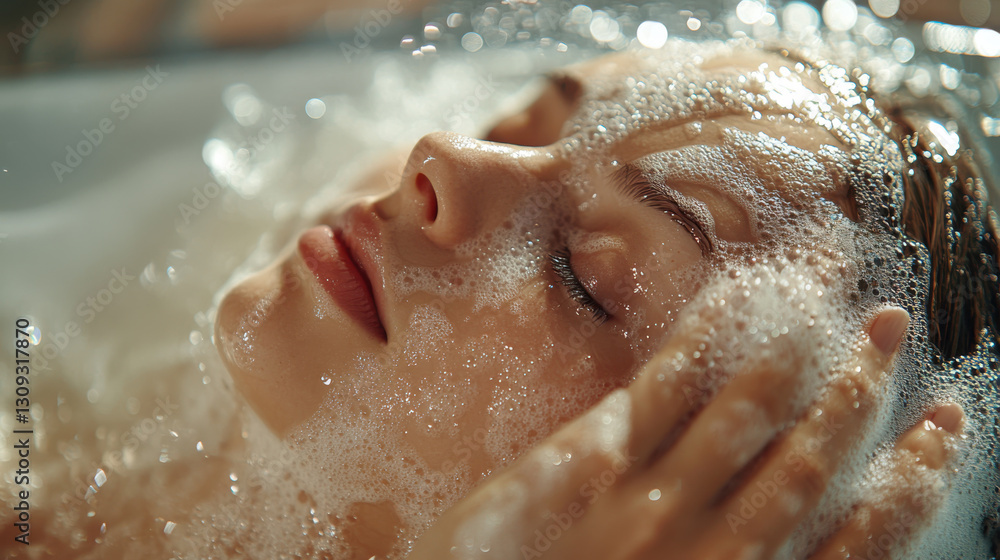 Fototapeta premium Serene woman enjoying relaxing foam bath with eyes closed under gentle sunlight highlighting relaxation and calmness