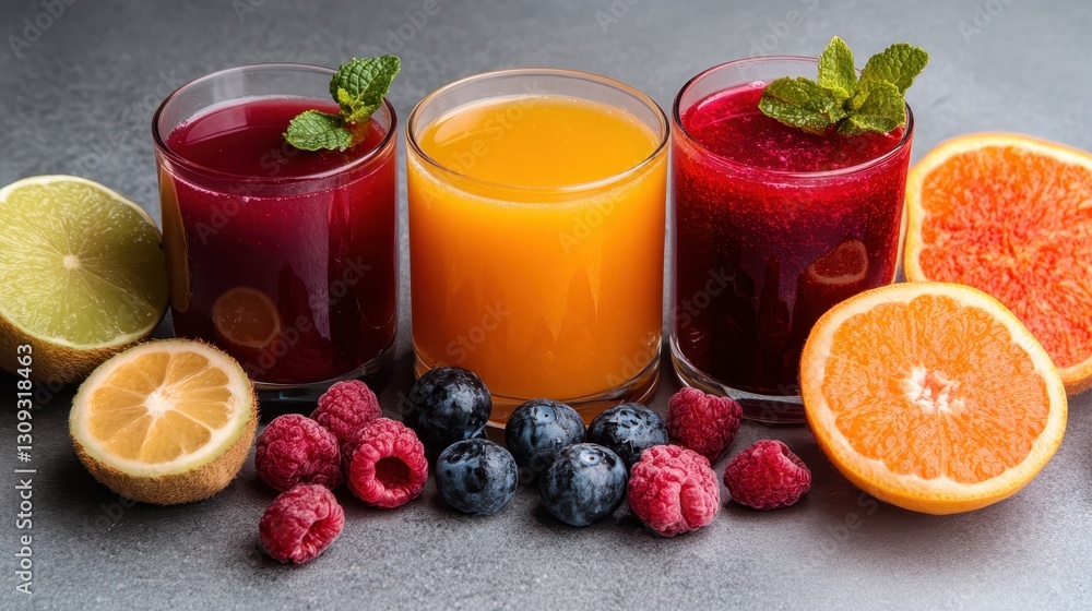 This vibrant image showcases three refreshing fruit juices surrounded by various fresh fruits, highlighting their natural colors and textures in a beautifully arranged setting. This vibrant image showcases three refreshing fruit juices surrounded by various fresh fruits, highlighting their natural colors and textures in a beautifully arranged setting.