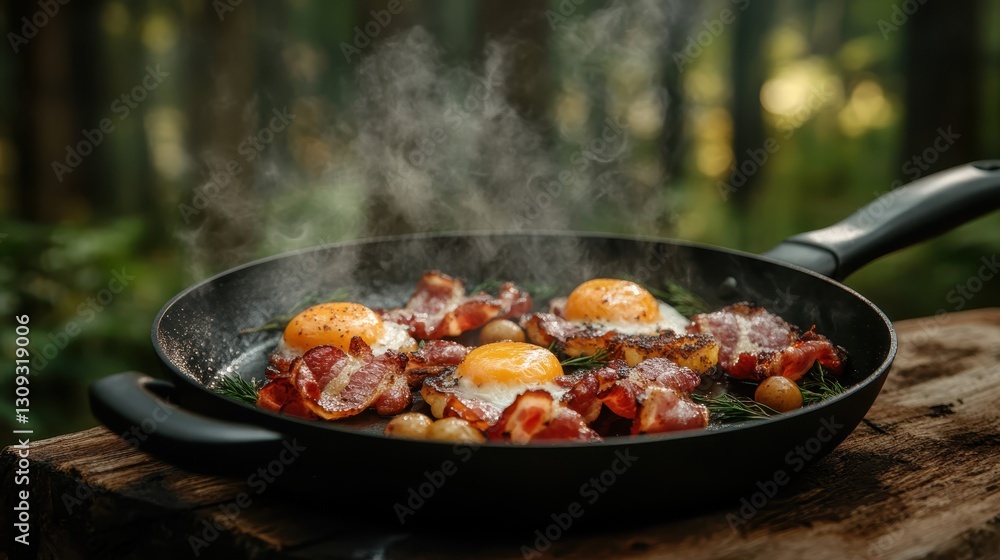 This vibrant breakfast spread showcases multiple sunny side up eggs and crispy bacon, accompanied by fresh greens, creating an inviting atmosphere for food lovers. This vibrant breakfast spread showcases multiple sunny side up eggs and crispy bacon, accompanied by fresh greens, creating an inviting atmosphere for food lovers.