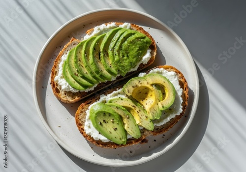 Delicious avocado toast topped with creamy cheese and fresh herbs