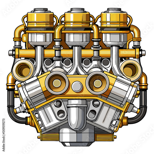 Render a highly detailed image of a naturally aspirated V12 engine, showcasing gleaming gold-plated cylinders and intricate internal components.  Emphasis on realism and metallic sheen.