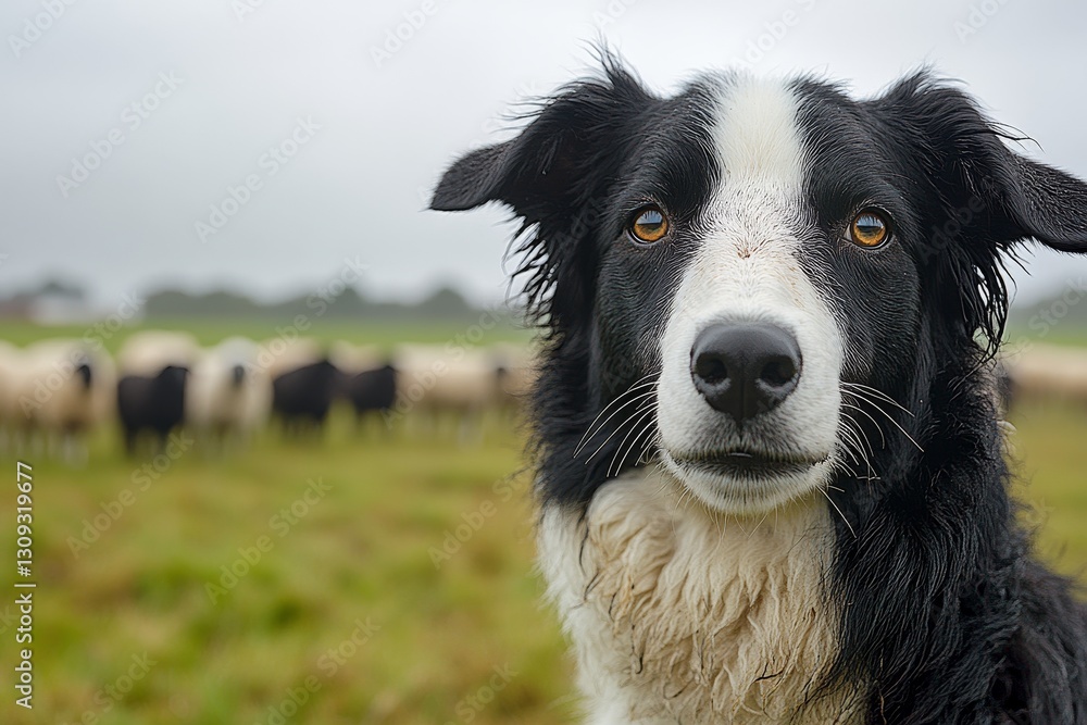 Fototapeta premium Border collie observing sheep in a vibrant green pasture during an overcast day