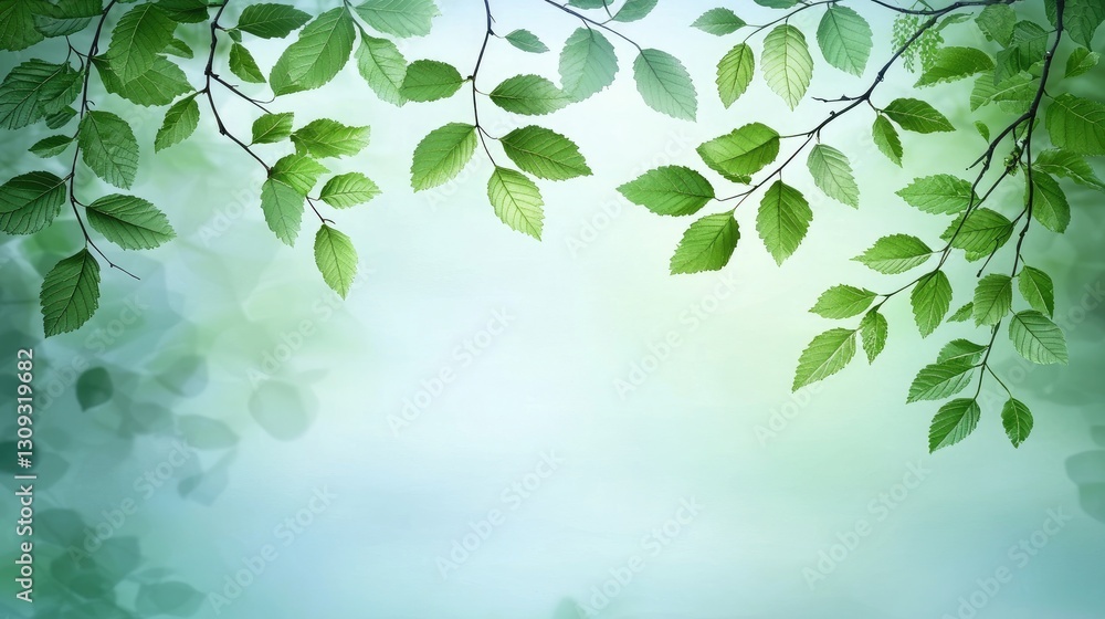 Spring leaves border, forest background, nature scene, green foliage, website banner Spring leaves border, forest background, nature scene, green foliage, website banner