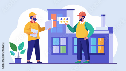 Two architects discussing the placement of windows and doors on a mockup model of the building.. Vector illustration
