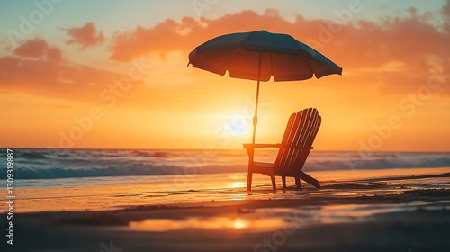 Adirondack chair and beach umbrella at sunset ocean view