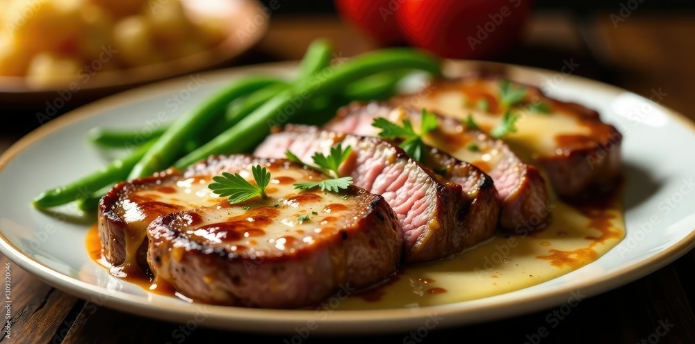 Grilled steak sliced on a plate with melted cheese, cheese, grilled, plates Grilled steak sliced on a plate with melted cheese, cheese, grilled, plates