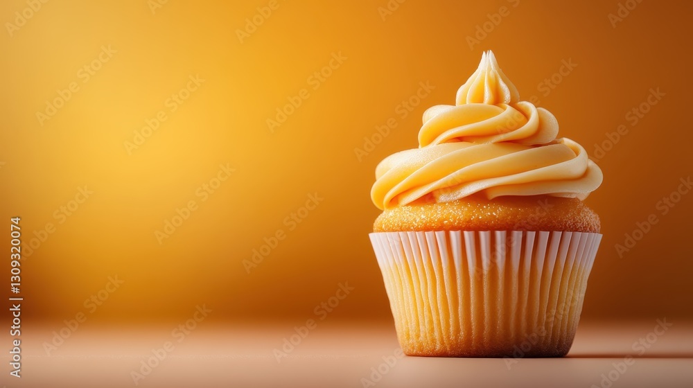 A beautifully crafted yellow cupcake topped with smooth, creamy frosting, showcasing its delicious appeal against a warm, soft gradient background. A beautifully crafted yellow cupcake topped with smooth, creamy frosting, showcasing its delicious appeal against a warm, soft gradient background.