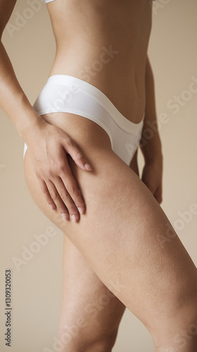 a woman's body in underwear, highlighting a healthy physique