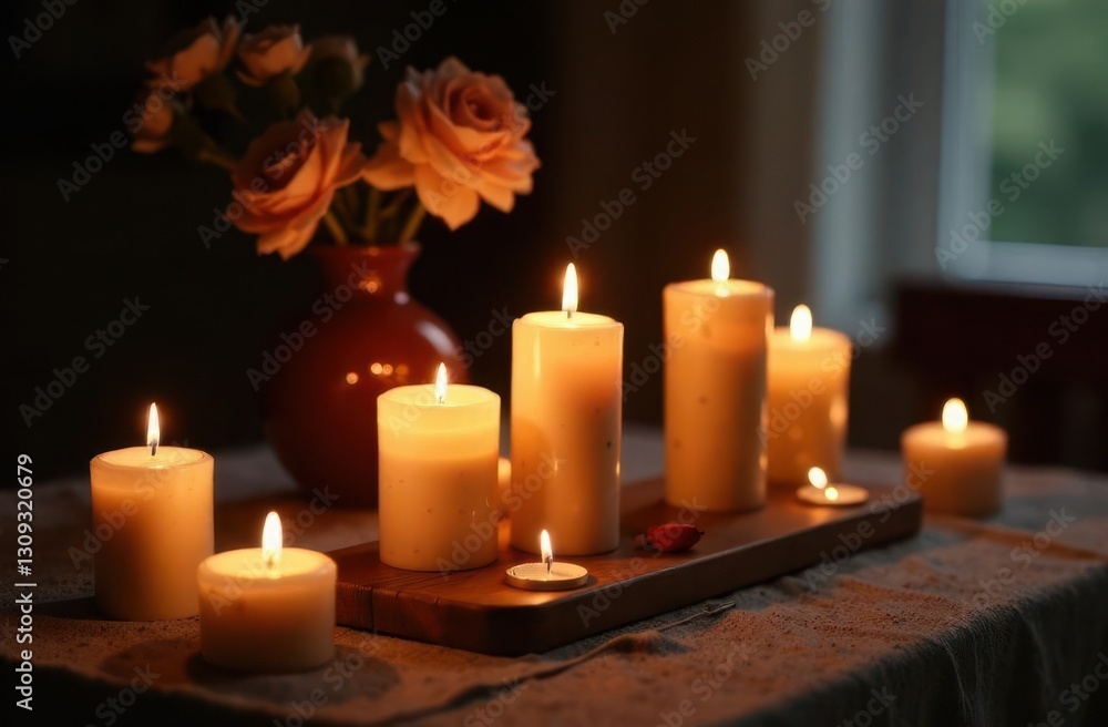 Candlelit arrangement with roses creating a warm atmosphere at dusk Candlelit arrangement with roses creating a warm atmosphere at dusk