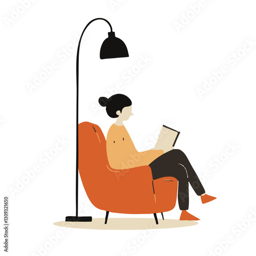 Woman reading in an armchair under a floor lamp 