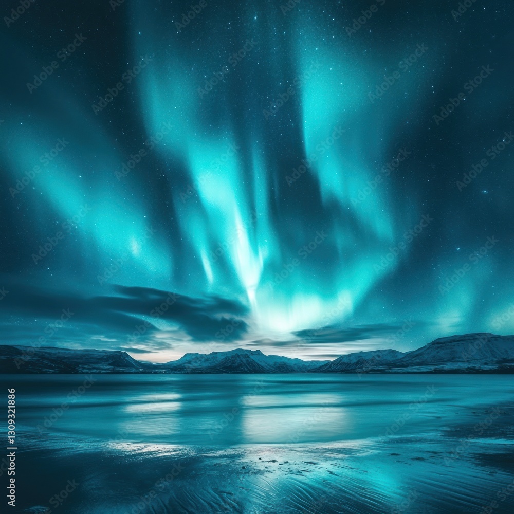 Naklejka premium Aurora Borealis over Serene Arctic Landscape