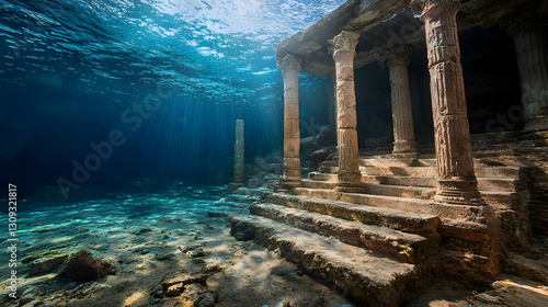 Submerged Pixelated Ancient Temple Underwater With Blue Water and Sunlight