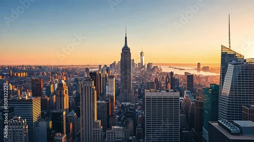 Stunning sunset view over the New York City skyline, featuring iconic skyscrapers like the Empire State Building.