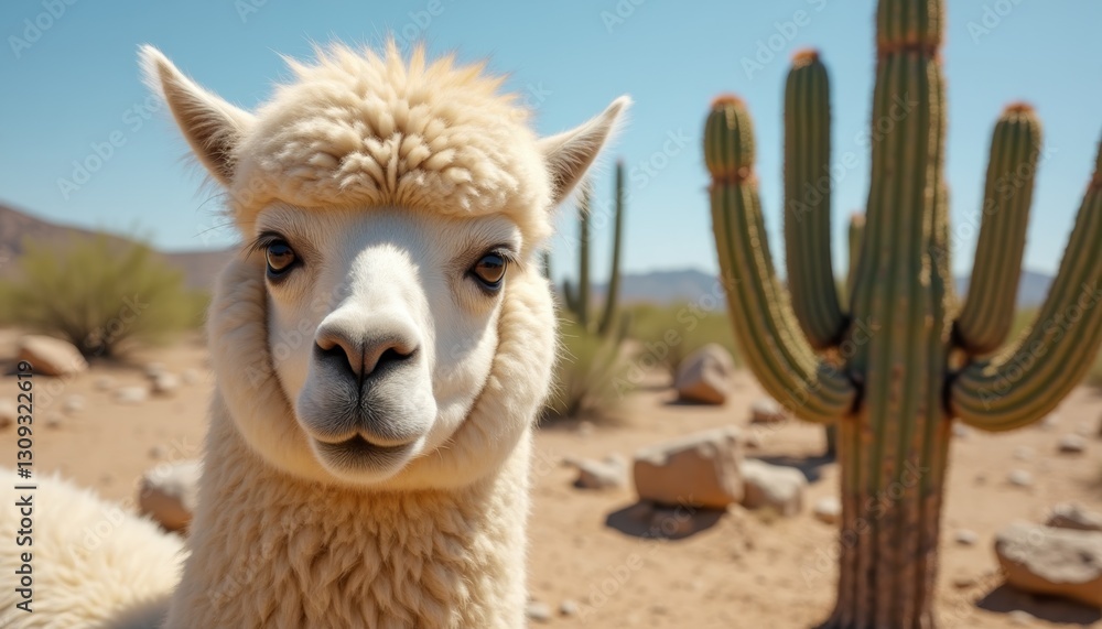 Obraz premium Close-up of a fluffy llama in desert landscape with cacti and rocks in background. Llama woolly texture and the arid environment create a unique contrast, perfect for travel, nature, wildlife themes.