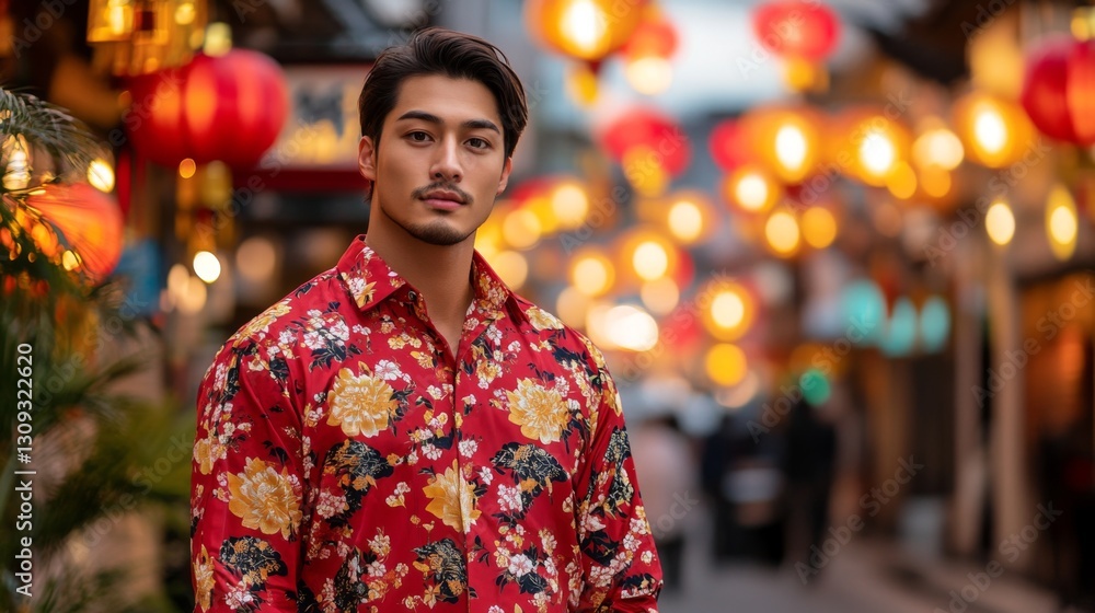 Fototapeta premium Portrait of a Young Asian Man in a Red Floral Shirt at Night in a City with Lanterns
