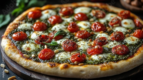 Pesto-based pizza with roasted cherry tomatoes mozzarella and pine nuts. Generative AI photo