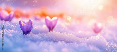 Crocuses bloom through melting snow in early spring sunlight, showcasing nature's resilience and beauty